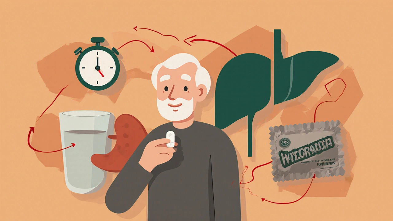 Ältere Person mit Solifenacin‑Pille, Uhr, Wasser und Kaugummi‑Symbolen.