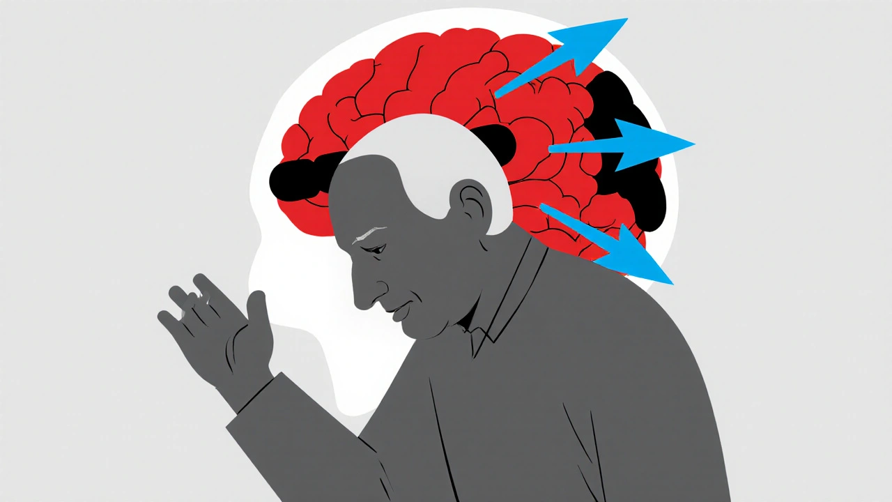 Älterer Patient mit Tremor, Rigor und Gehirn‑Schnittbild, das D2‑Blockade zeigt.