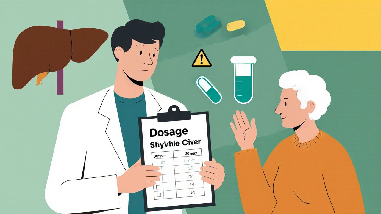 Arzt zeigt Dosierungs‑ und Leberkontrolldiagramm einem älteren Patienten.