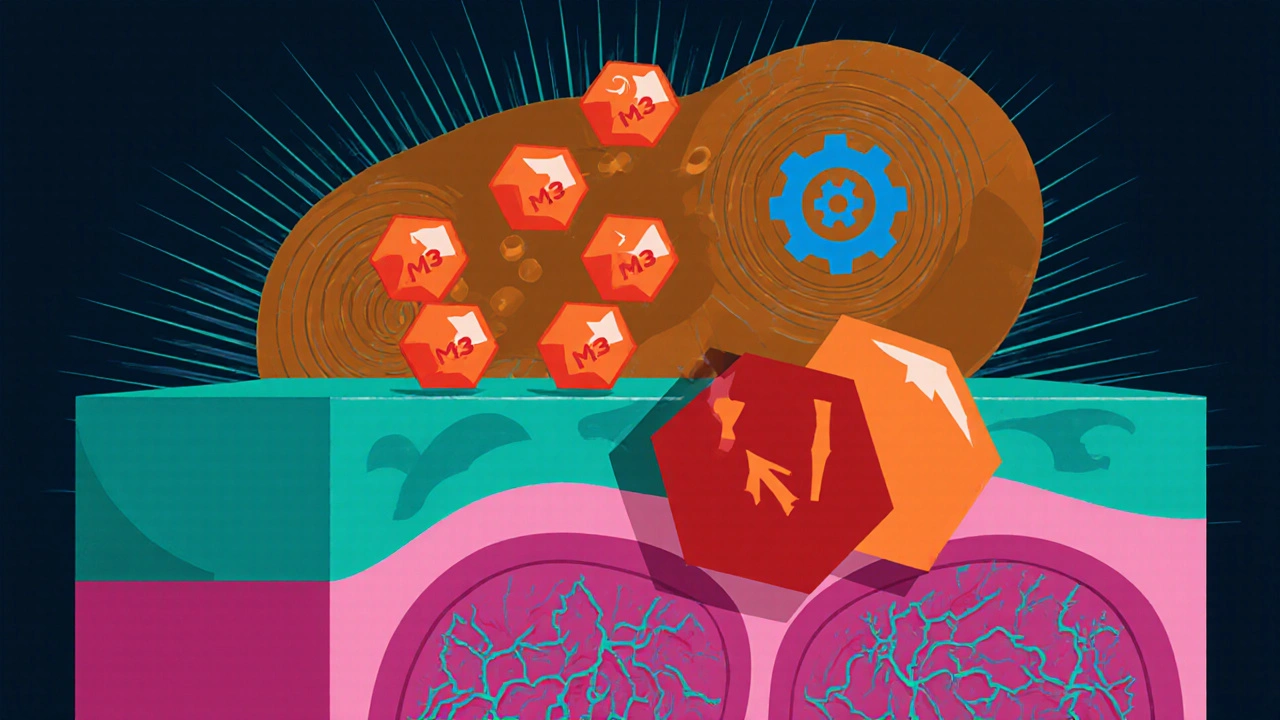 Blasenwand mit blockierten M3‑Rezeptoren und vereinfachter Leber im Hintergrund.