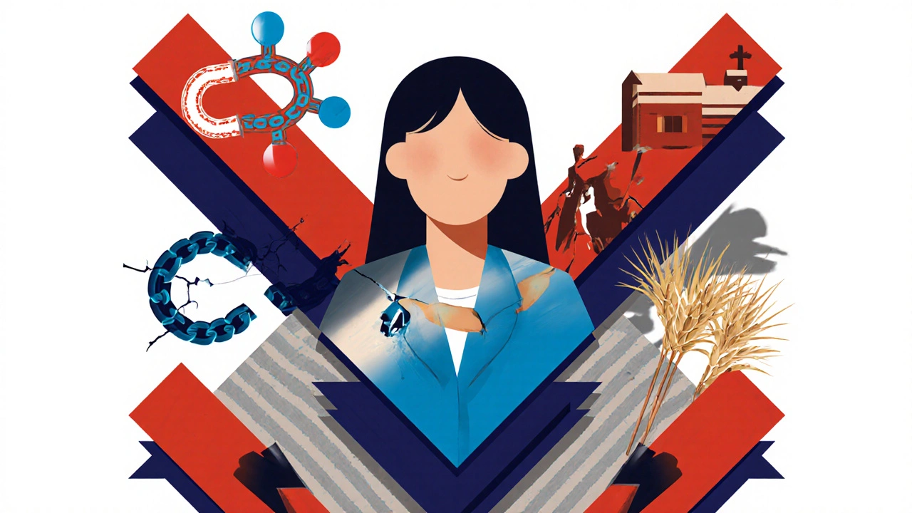 Frau umgeben von Symbolen für Hormone, Gewalt, Armut und Stigma in Collageform.