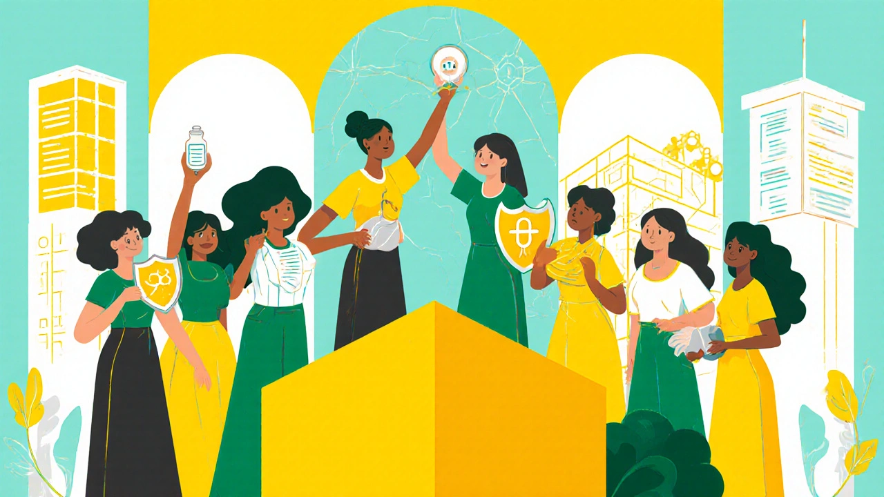 Gruppe von Frauen mit Symbolen für Medikamente, Schutz und Baby, hinter ihnen Unterstützungsbögen.