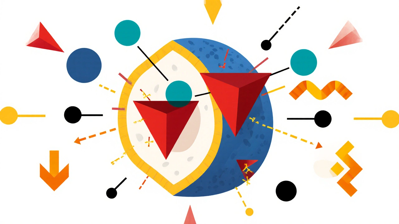 Mikroskopische Ansicht einer Zelle, Progesteron‑Rezeptoren und Medroxyprogesteron‑Bindung im konstruktivistischen Stil.