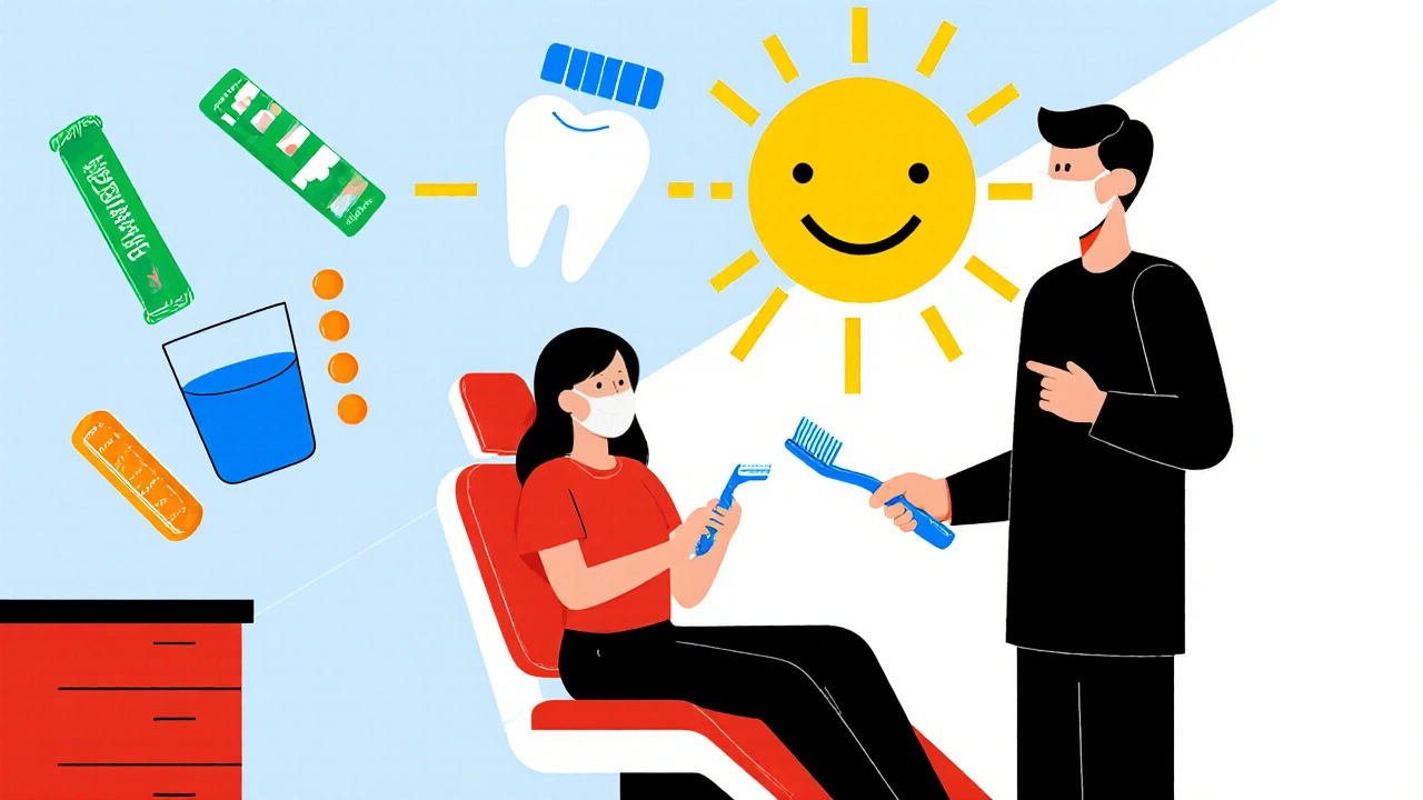 Patientin beim Zahnarzt mit Zahnbürste, Fluoridgel, Calcium‑ und Vitamin‑D‑Tabletten sowie Wasserglas.