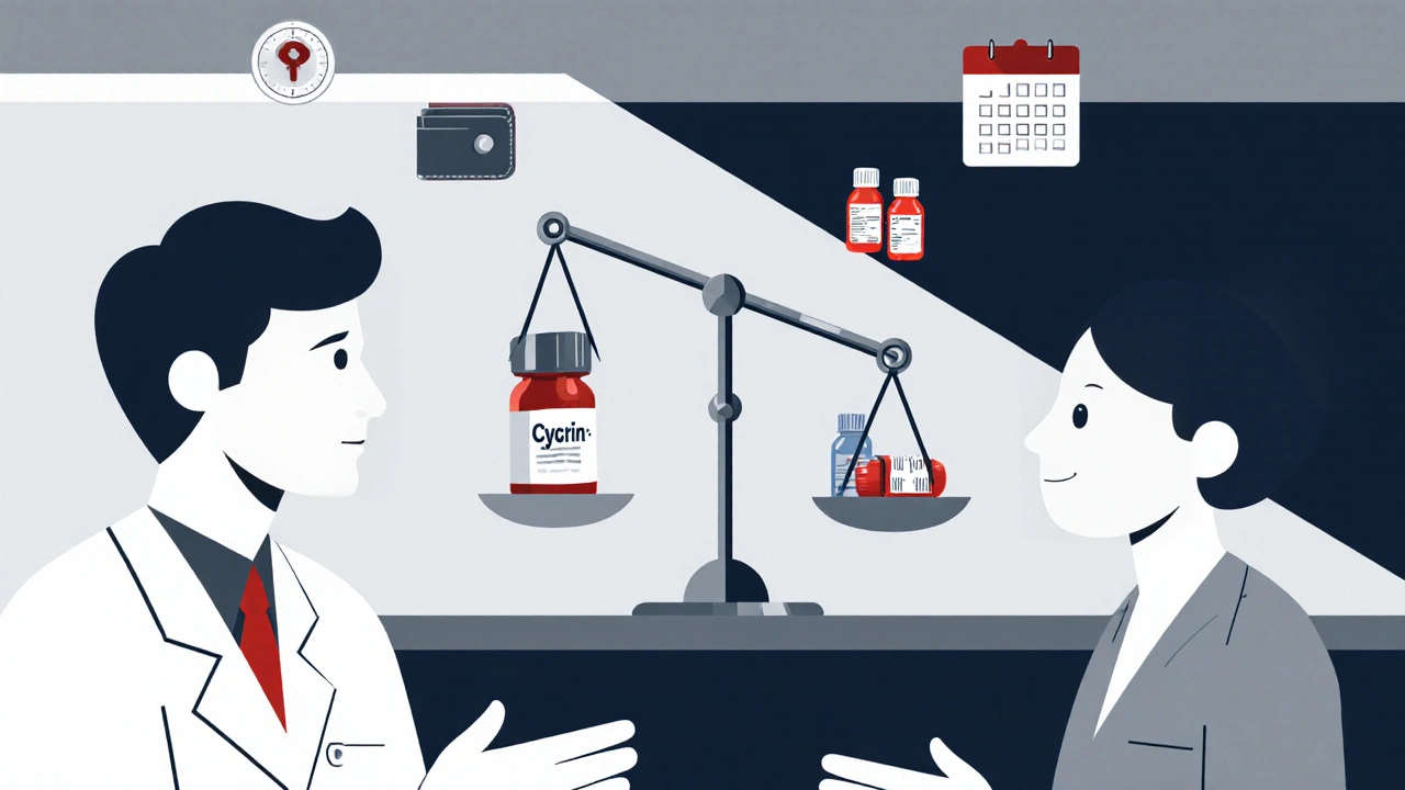 Patientin berät sich mit Ärztin, Waage mit Pillen, Kosten‑ und Nebenwirkungs‑Symbole, Cartoon‑Konstruktivismus.