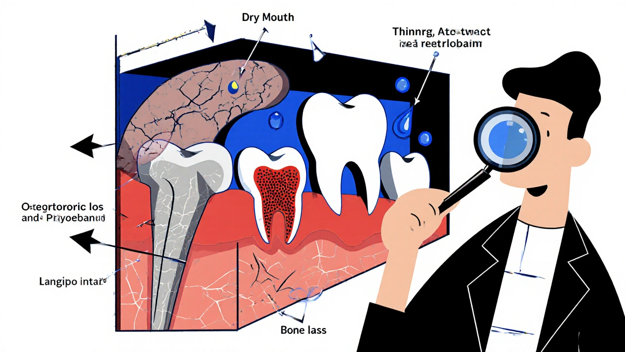 Querschnitt des Mundes zeigt trockene Mundschleimhaut, entzündetes Zahnfleisch und dünner werdenden Kieferknochen.