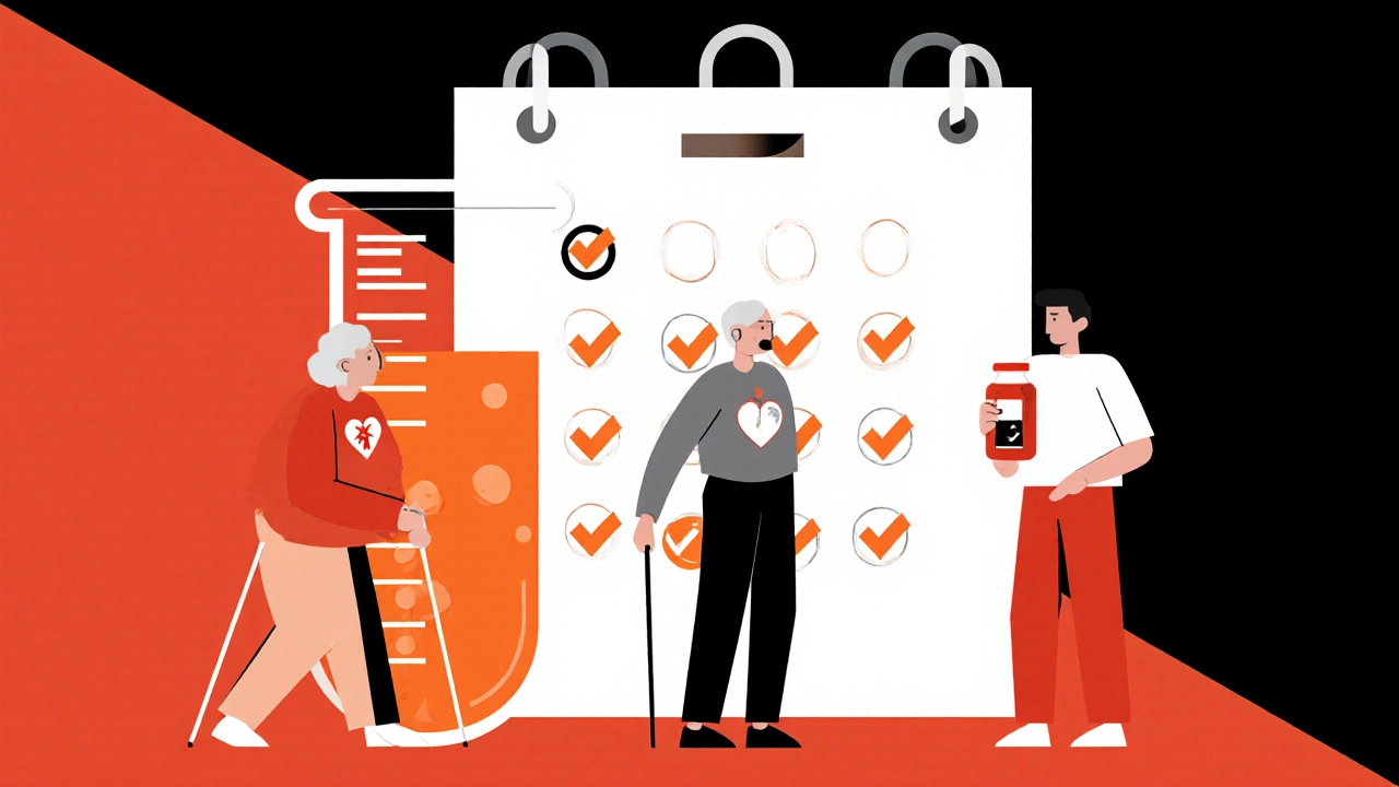 Ältere Person, Herzpatient und Diuretika‑Nutzer in Collage mit Laborprobe und Kalender.