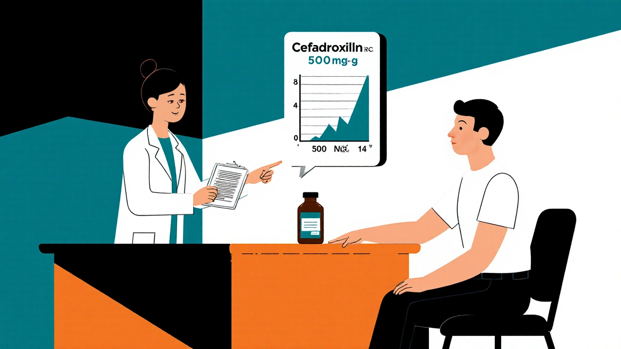 Dermatologe überreicht Cefadroxil‑Rezept an jungen Patienten im klinischen Setting.