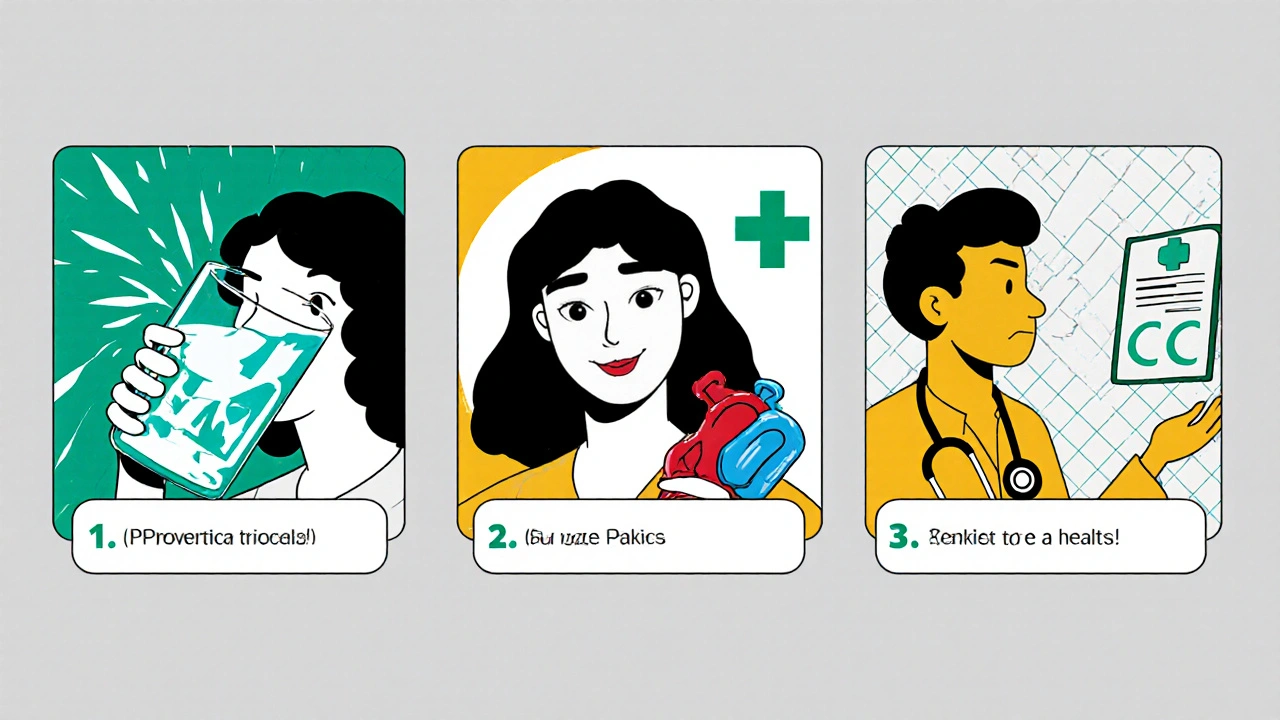 Drei Bildfelder: Wasser trinken, Kondom &amp; Probiotikum, Arztberatung, präventiv.