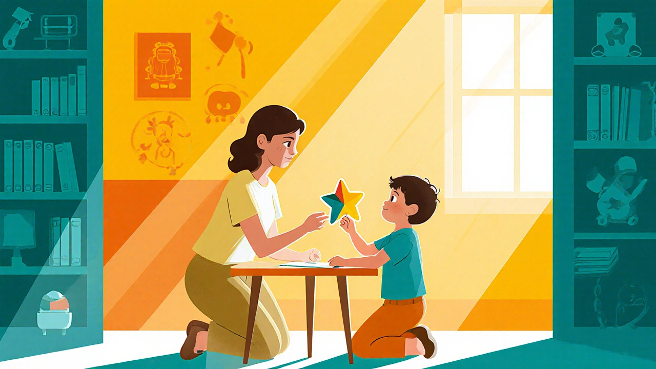 Elternteil kniet neben Kind und überreicht einen Stern als Belohnung.