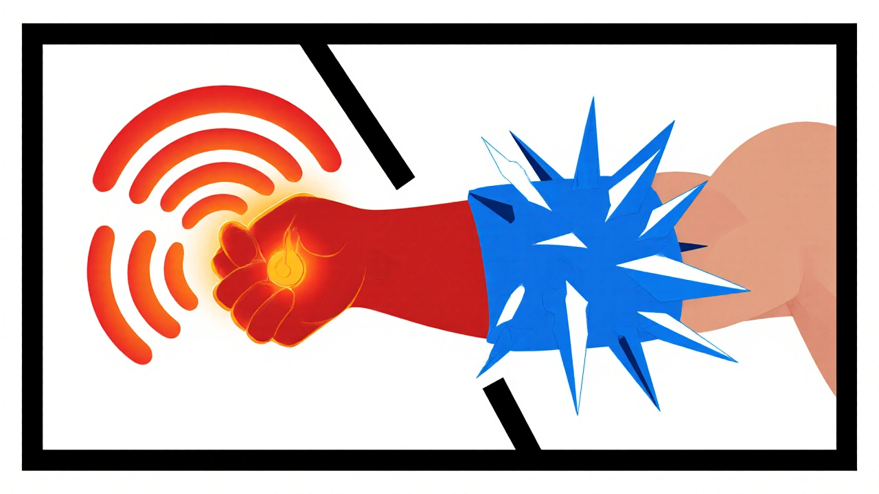 Geteilte Szene: roter Wärmepack mit Wärmestrahlen, blauer Kältepack mit Frostlinien.