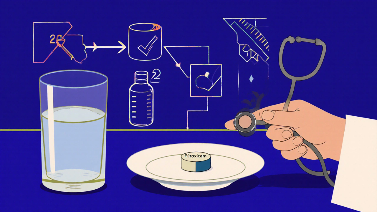 Glas Wasser, kleine Piroxicam‑Dosis, Arzthand und Labor‑Symbol für sichere Anwendung.