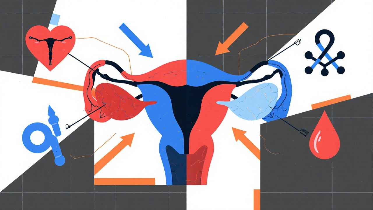 Grafik zeigt Harn- und Fortpflanzungsorgane, Pfeile verbinden UTI mit Beckenentzündung.