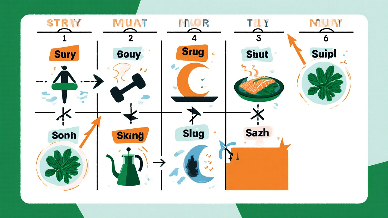 Kalender‑Collage mit Symbolen für Yoga, Krafttraining, Wärme, Schlaf und gesunde Ernährung.