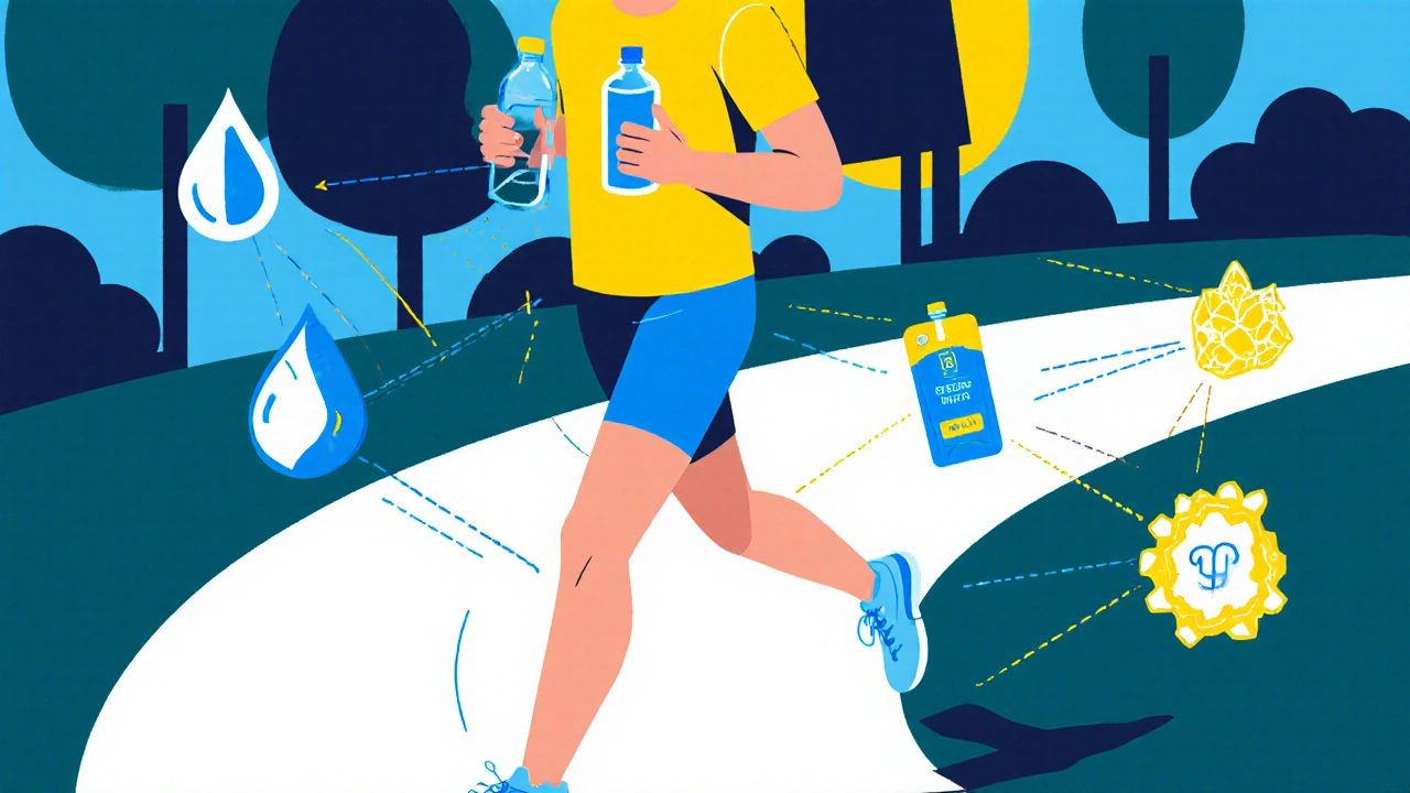 Läufer trinkt regelmäßig Wasser und Elektrolytgetränk, 15‑Minuten‑Intervall.