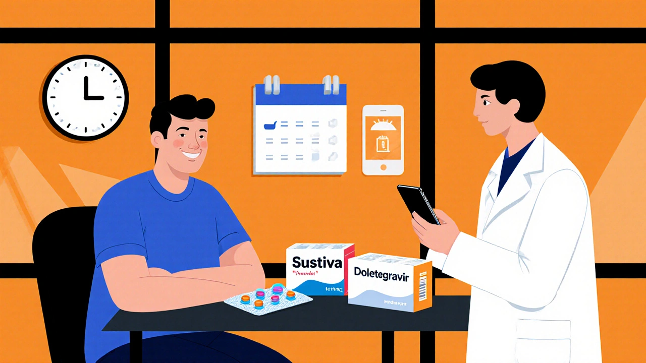 Patientin wechselt von Sustiva zu Dolutegravir beim Arzt, mit Kalender‑Erinnerung.