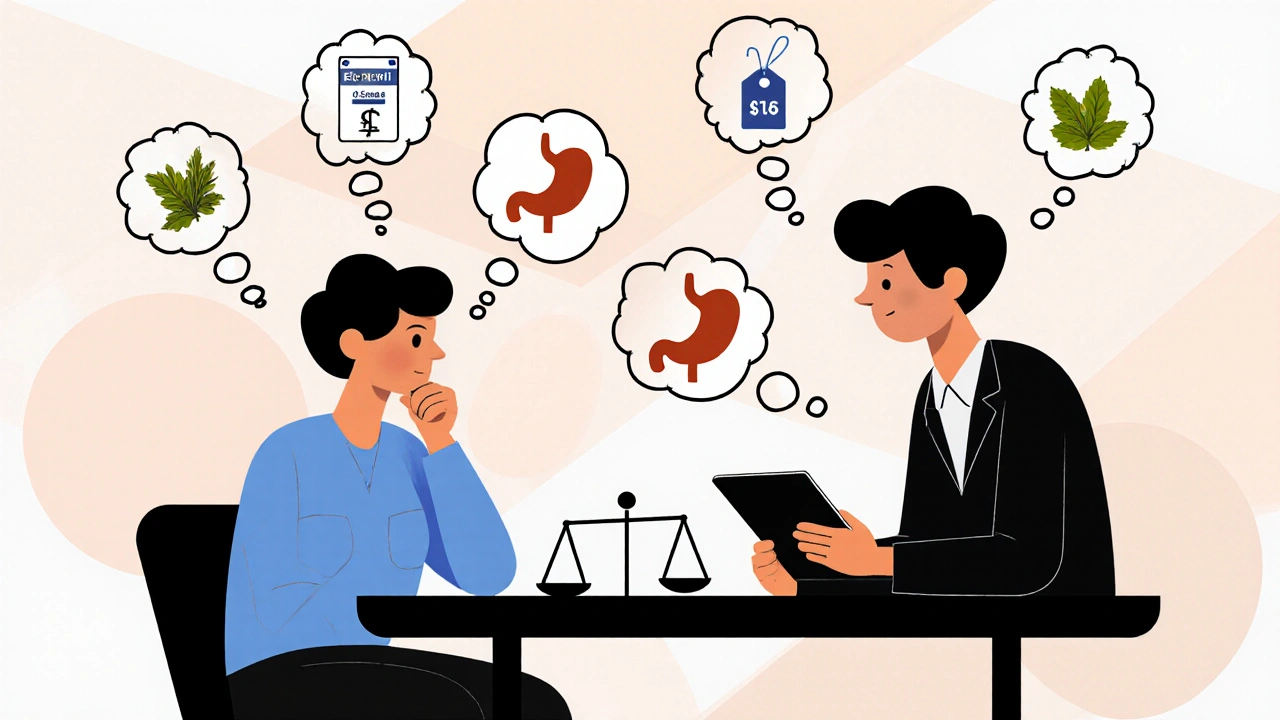 Person berät sich mit Ayurveda‑Arzt, Gedankensymbole zeigen Vor‑ und Nachteile.