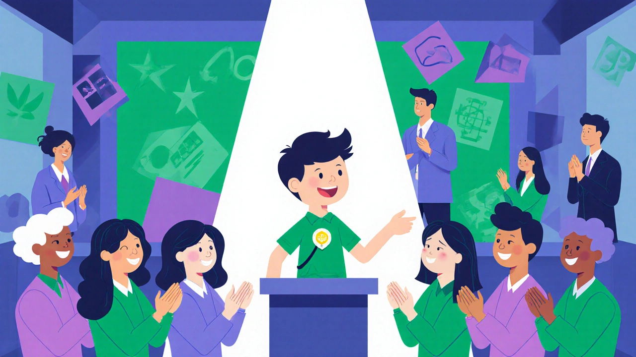 Selbstbewusstes Kind präsentiert ein Projekt vor applaudierenden Mitschülern.