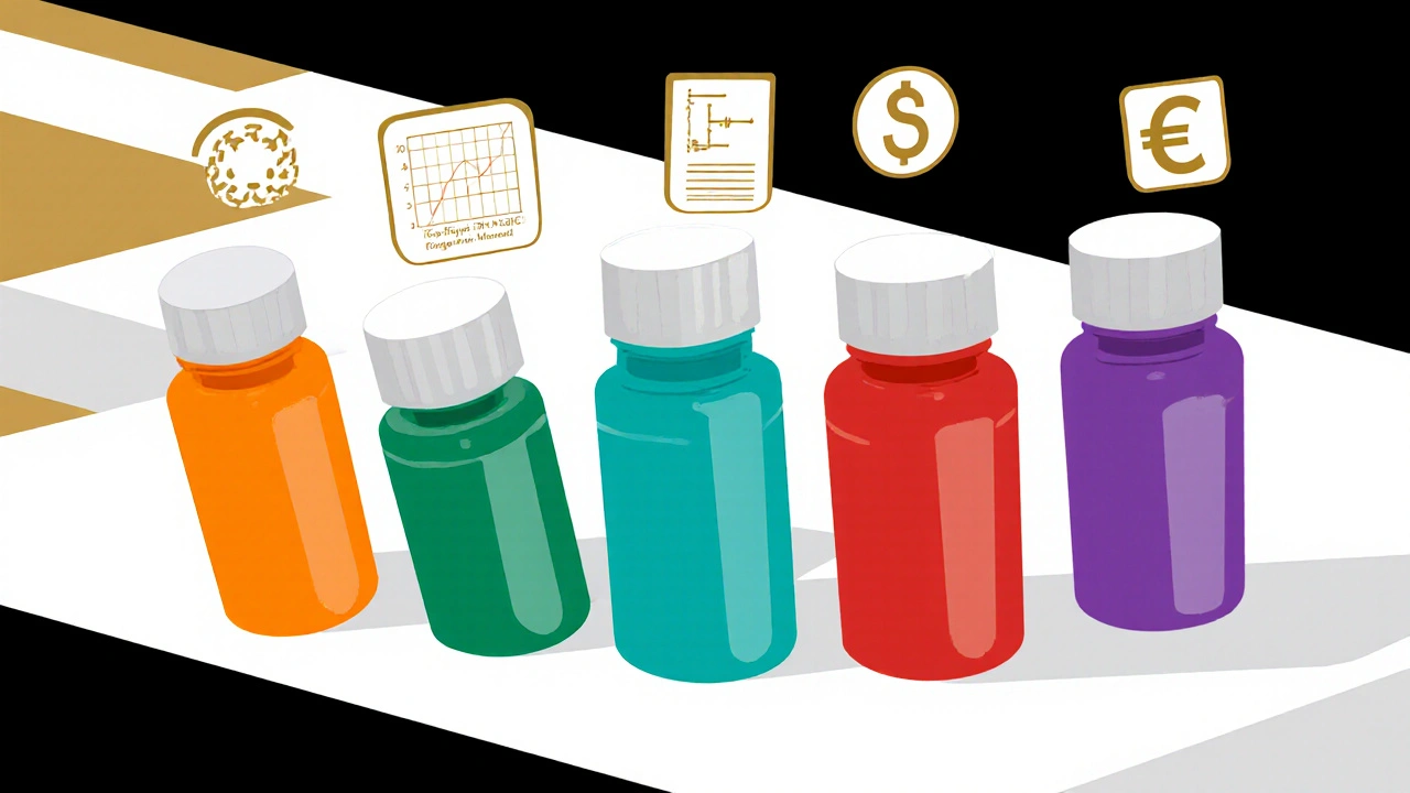 Vergleich von HIV‑Medikamenten mit Pillen, Symbolen für Wirksamkeit und Kosten.