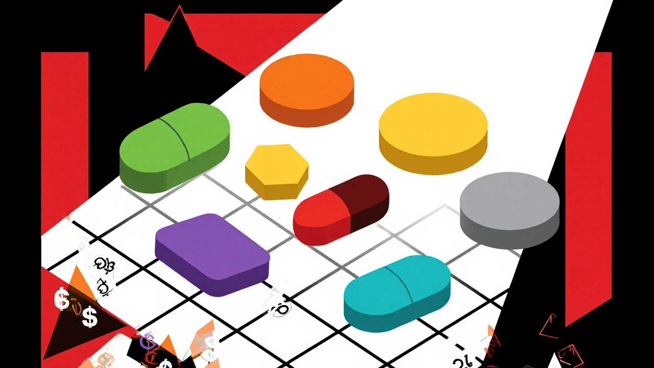 Acht verschiedene Medikamente als farbige Pillenformen auf geometrischem Raster, Preis‑Symbole angedeutet.