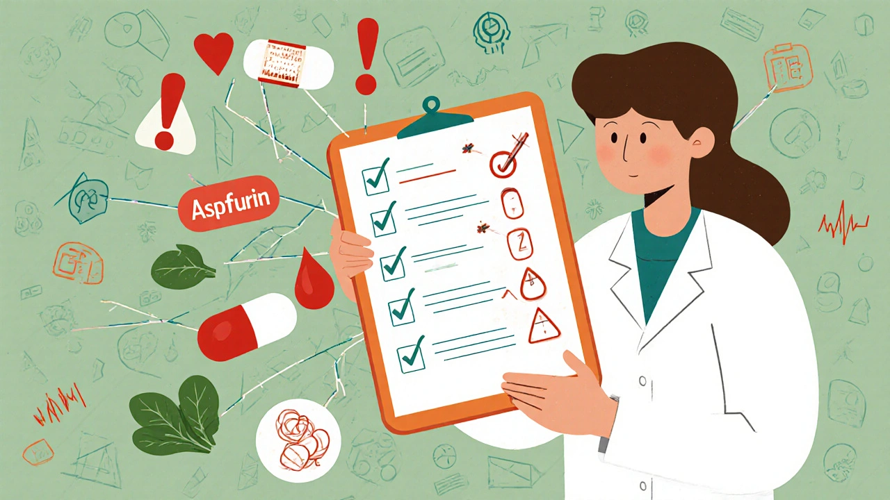 Apotheker mit Warnsymbolen umgeben: Warfarin, Aspirin, Johanniskraut und Spinat verbinden sich in einem Netz aus Gefahren.