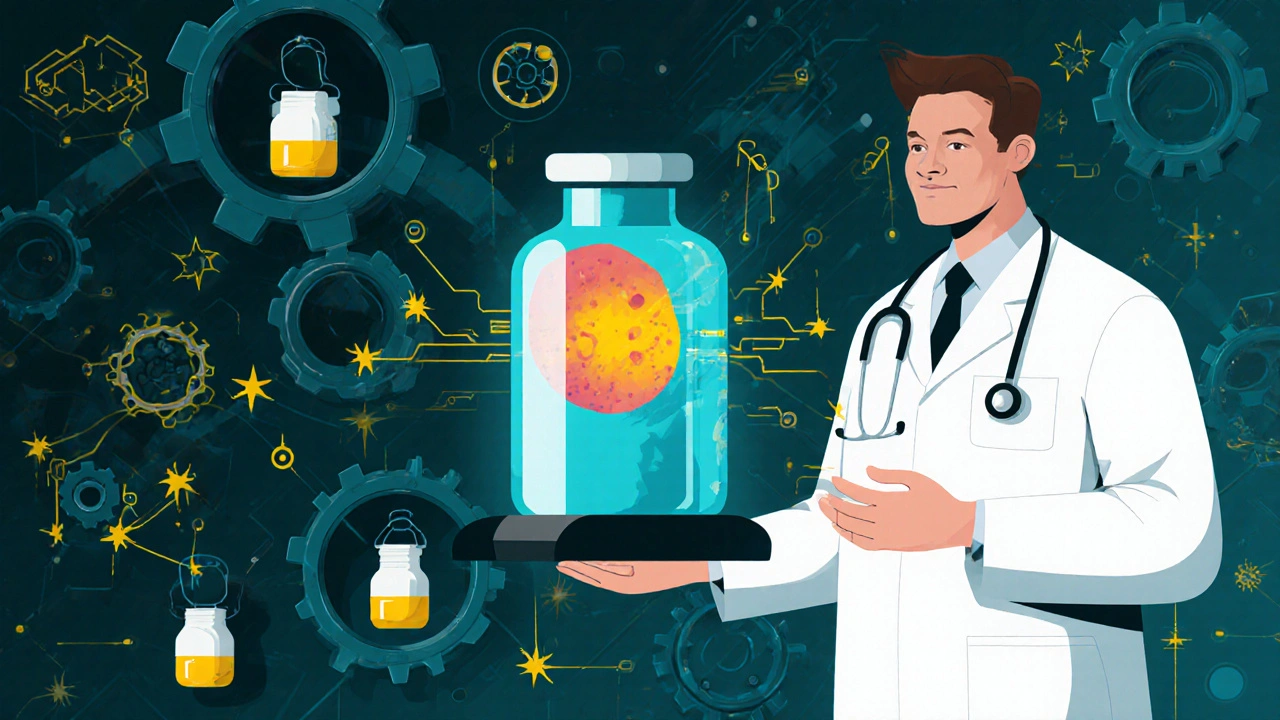 Arzt hält eine Flüssigbiopsie, die eine sich entwickelnde Tumorevolution als Hologramm zeigt.