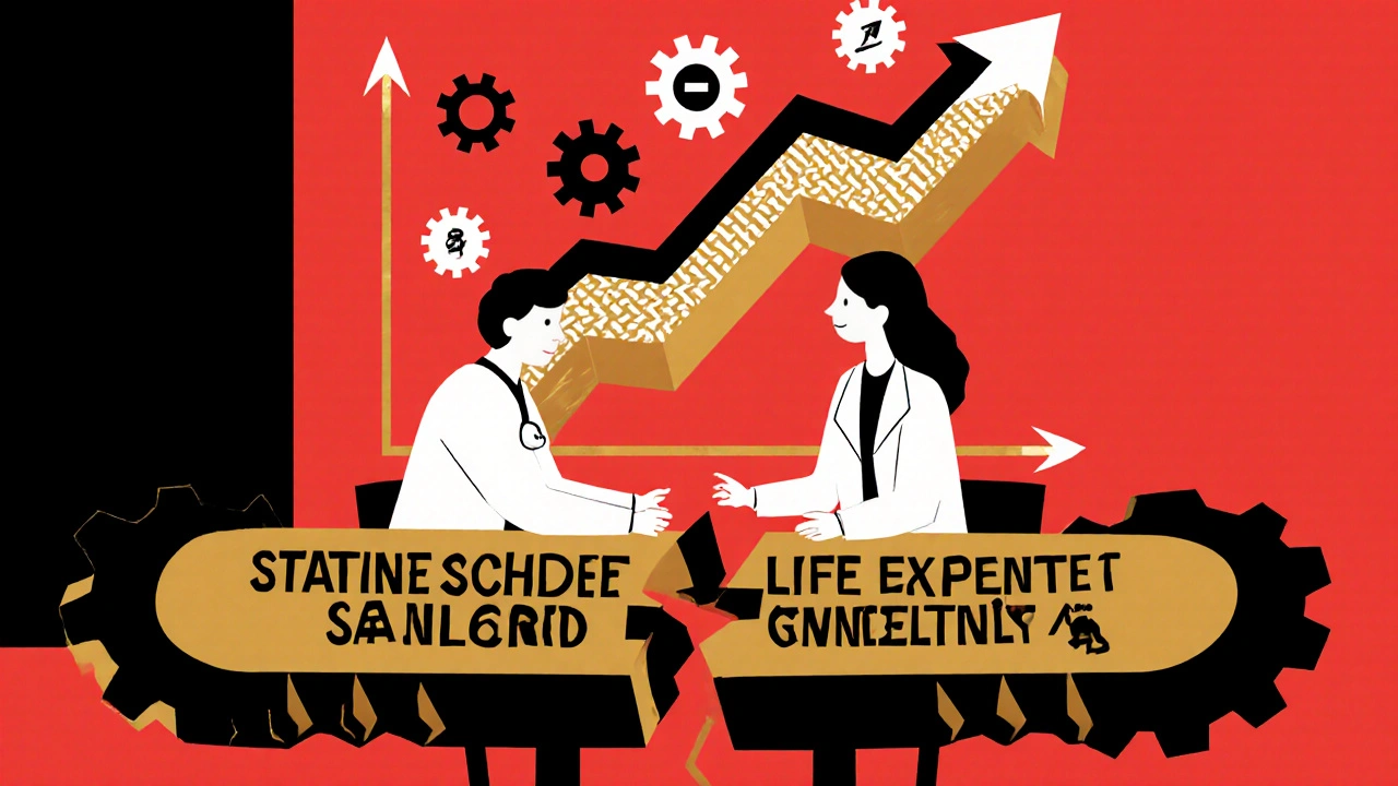 Arzt und Patient an einem Tisch, der eine gebrochene Lüge darstellt, mit steigendem Lebenserwartungsdiagramm