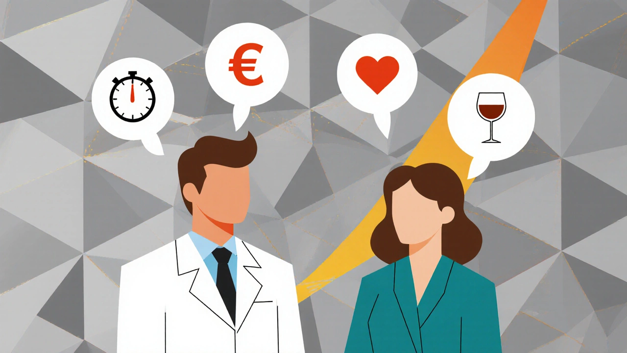 Arzt und Patient diskutieren Faktoren: Dauer, Preis, Nebenwirkungen, Alkohol