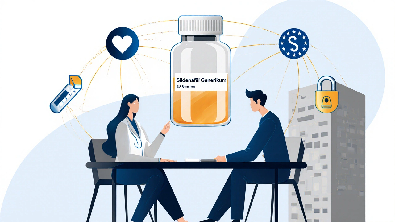 Arzt und Patient mit transparenter Generika-Pille und medizinischen Symbolen, im stilisierten Apotheken-Architekturstil.