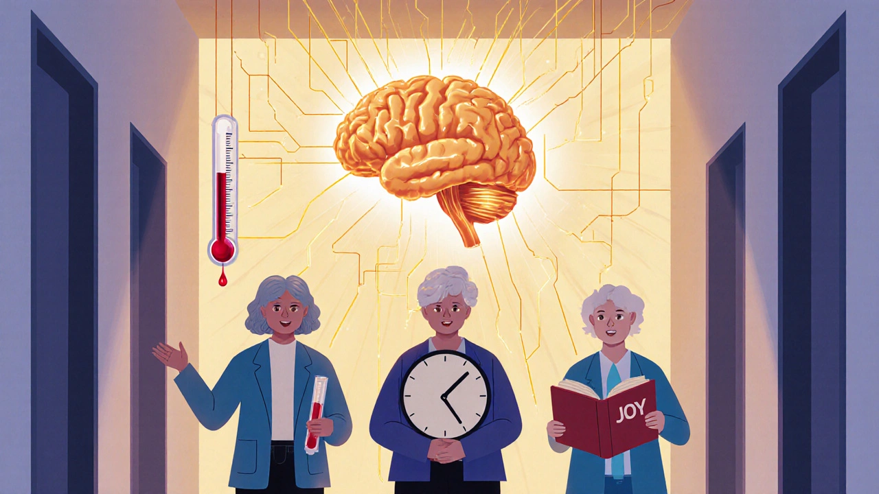 Drei Frauen mit Symbolen für Hitzewallungen, Stimmung und Zeit, verbunden durch neuronale Bahnen zu einem Gehirn.