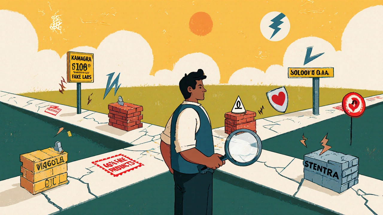 Ein Mann an einer Kreuzung mit fünf Pfaden, jeder repräsentiert ein ED-Medikament mit symbolischen Hindernissen und Vorteilen.