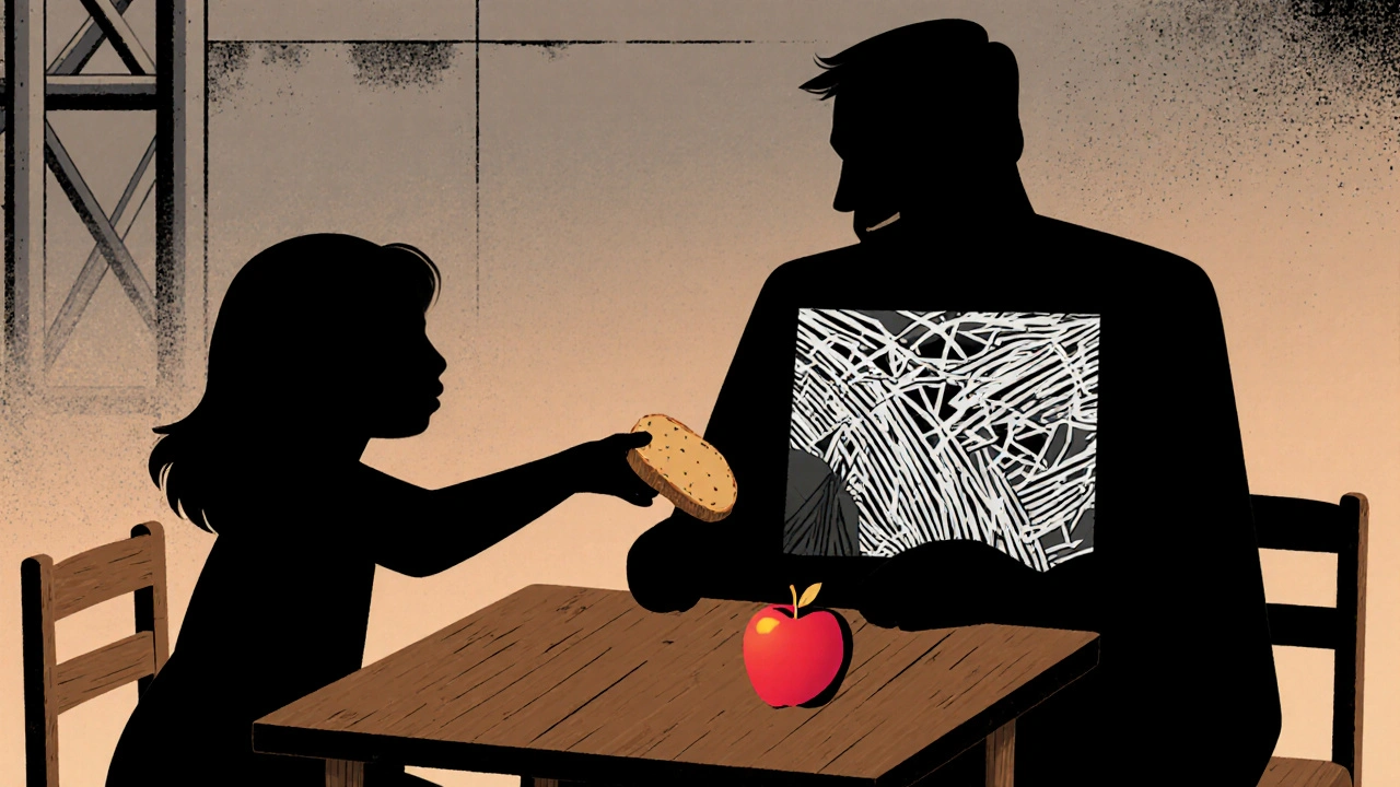 Eine Familie teilt ein Essen, der Vater hat friedliche geometrische Muster in der Brust, seine Tochter reicht ihm Brot.