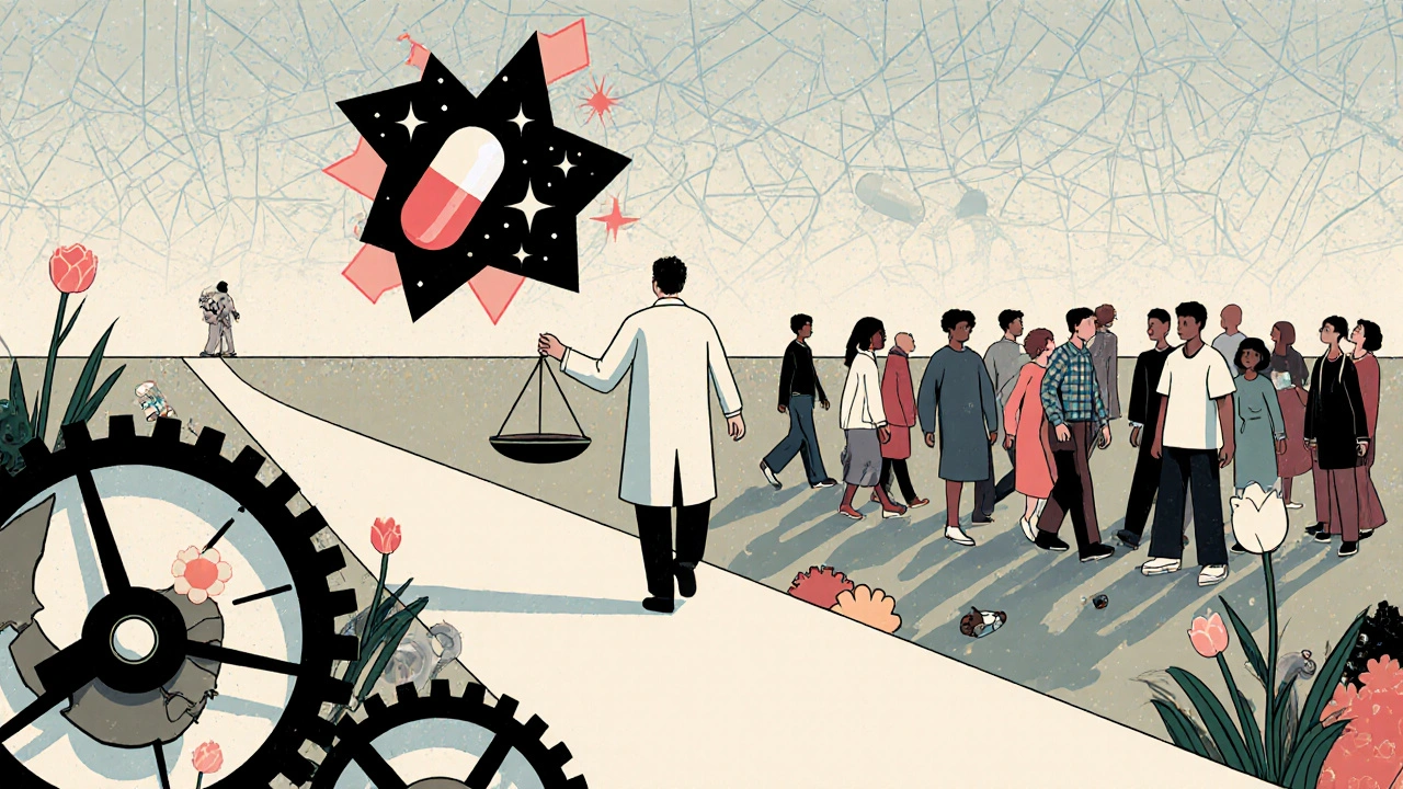 Eine Person geht einen Weg entlang, wo Pillen zu Blumen werden, während im Hintergrund Menschen frei und verbunden sind.