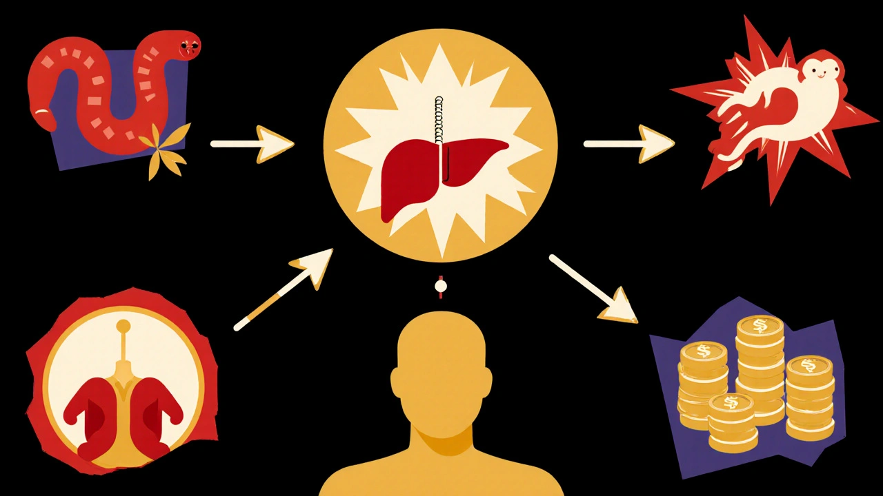 Entscheidungsbaum mit Parasiten‑, Nebenwirkungs‑ und Preis‑Symbolen, die zu passenden Pillen führen.