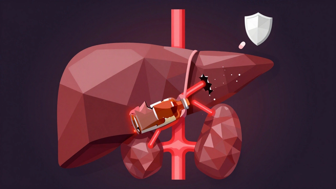 Geometrische Leber und Schilddrüse, Alkoholflasche drückt auf die Schilddrüse, Tabletten als Schutz.