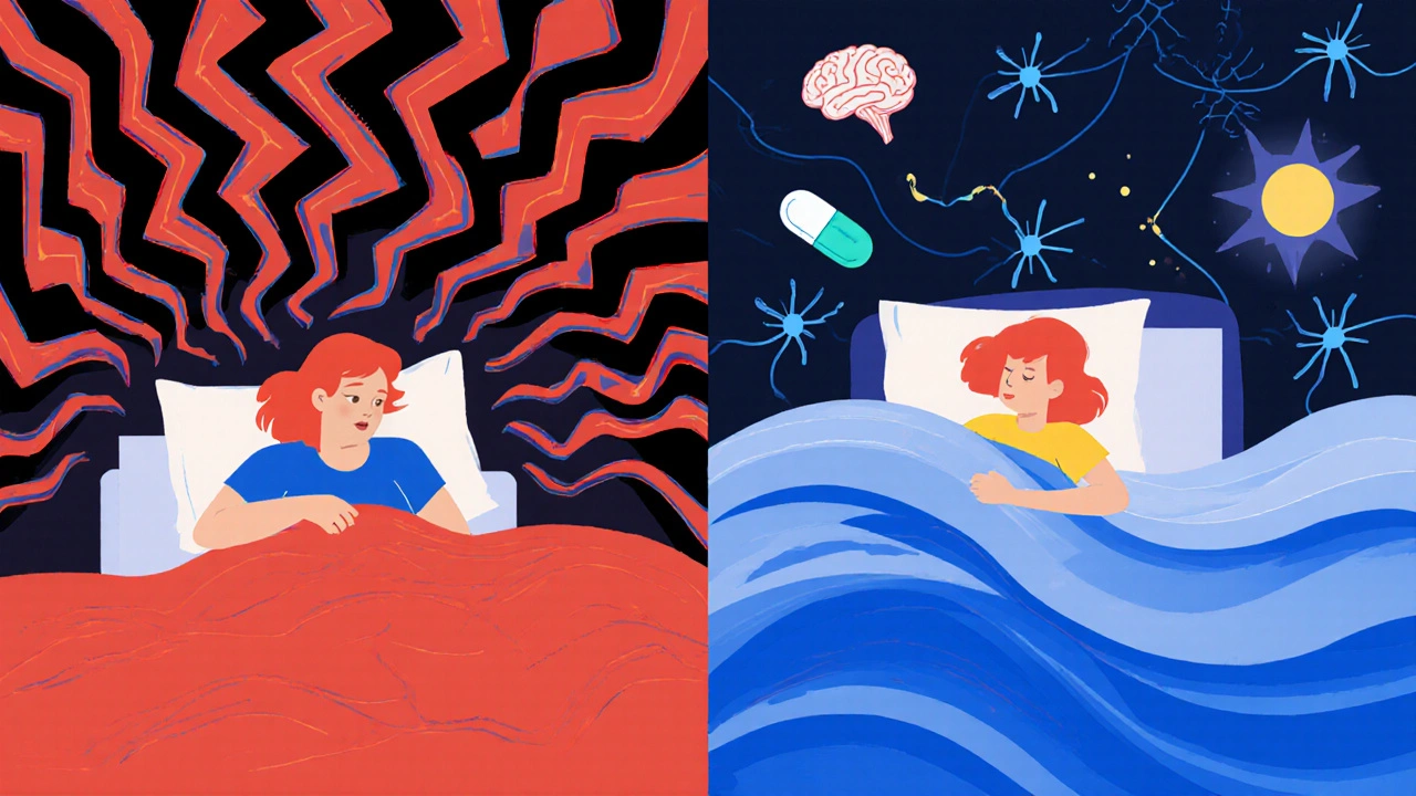 Gesplittete Szene: Frau mit Schlafstörungen links, friedlich schlafend rechts, Fluoxetin-Pille daneben.