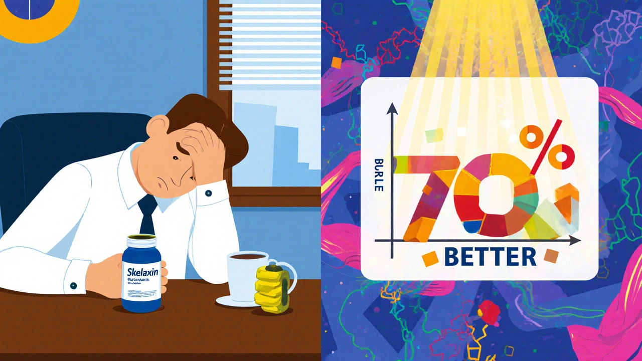 Gesplitztes Szenario: erschöpfter Mitarbeiter vs. Person mit Dehnung und Wärmebehandlung in geometrischem Stil