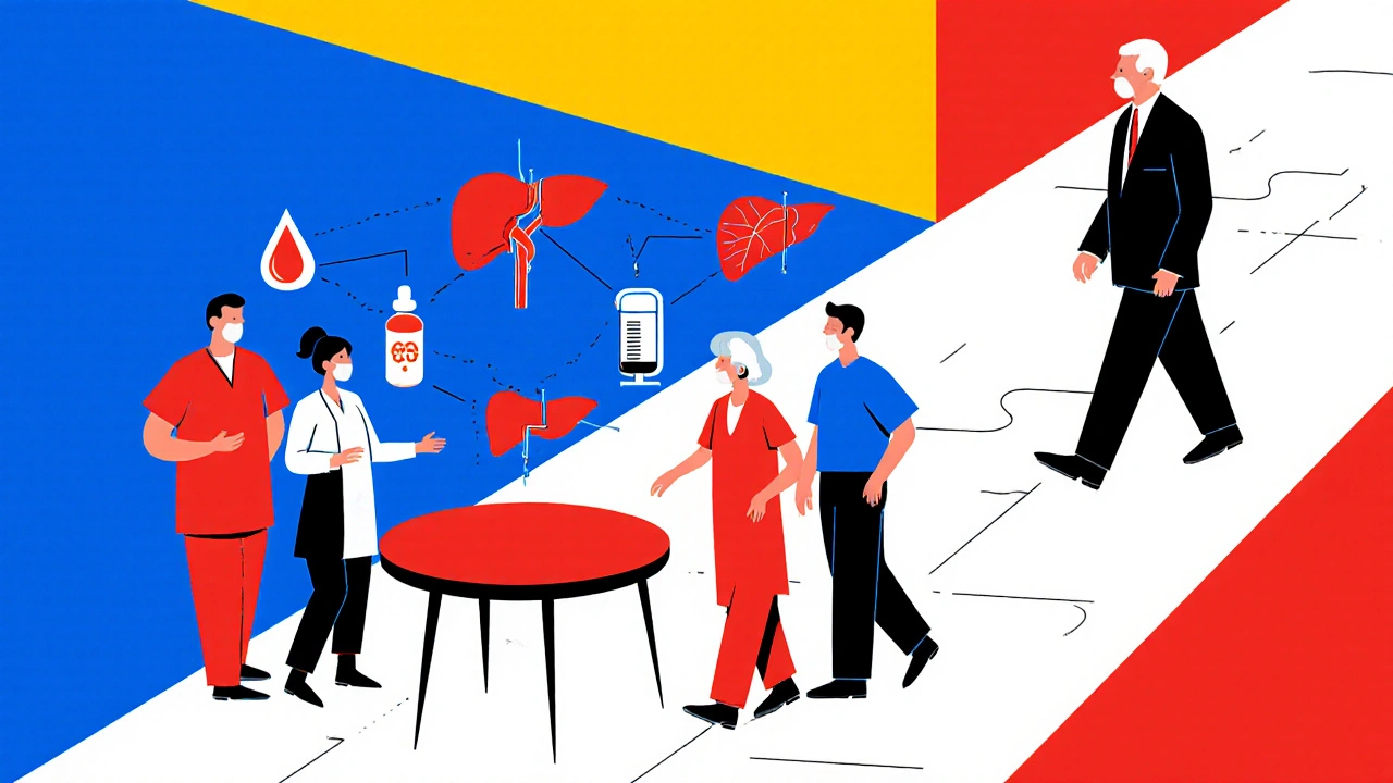 Interdisziplinäres Team diskutiert Organ‑Icons und angepasste Medikamente für einen älteren Patienten.