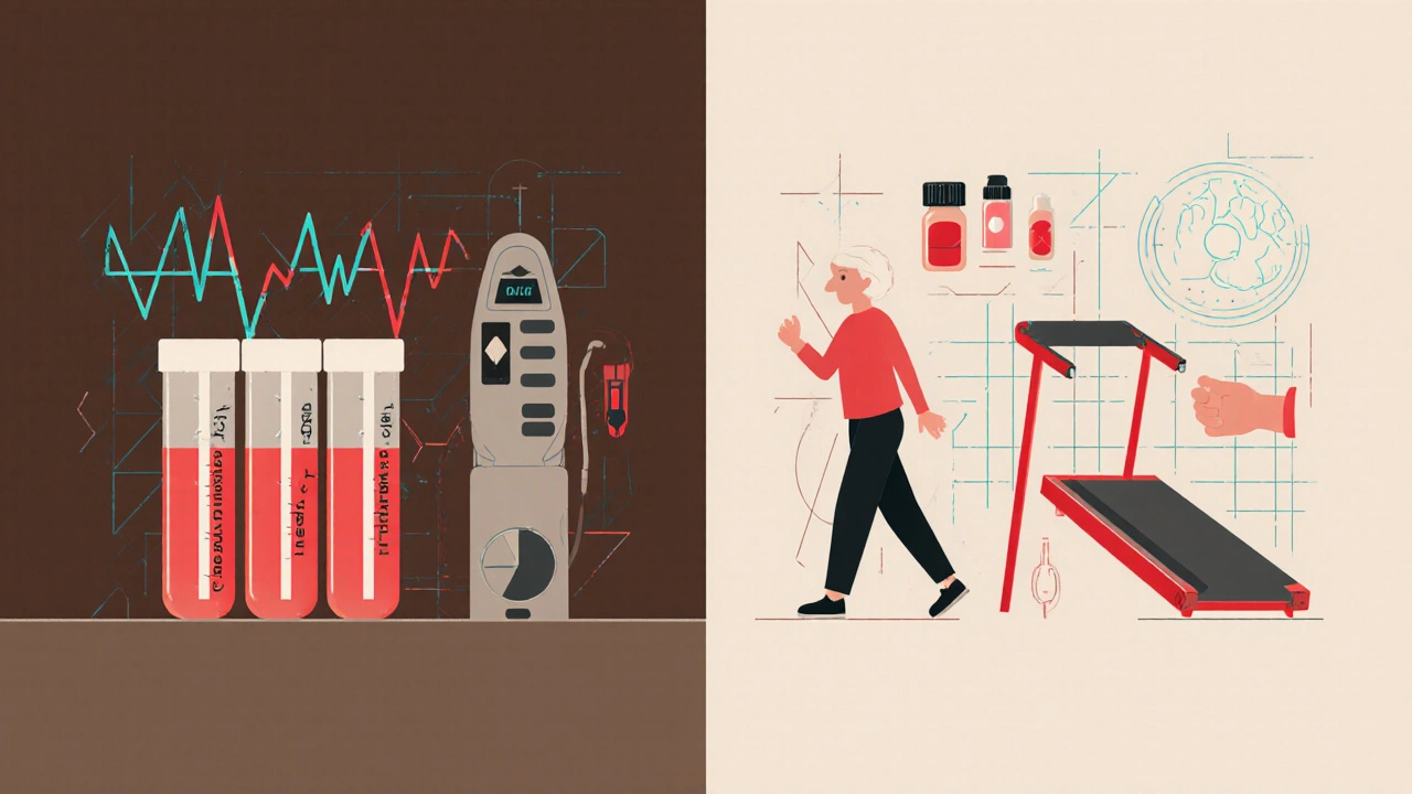 Labortests, Ultraschall und Frailty‑Assessments im geometrischen Layout mit Medikamenten‑Symbolen.