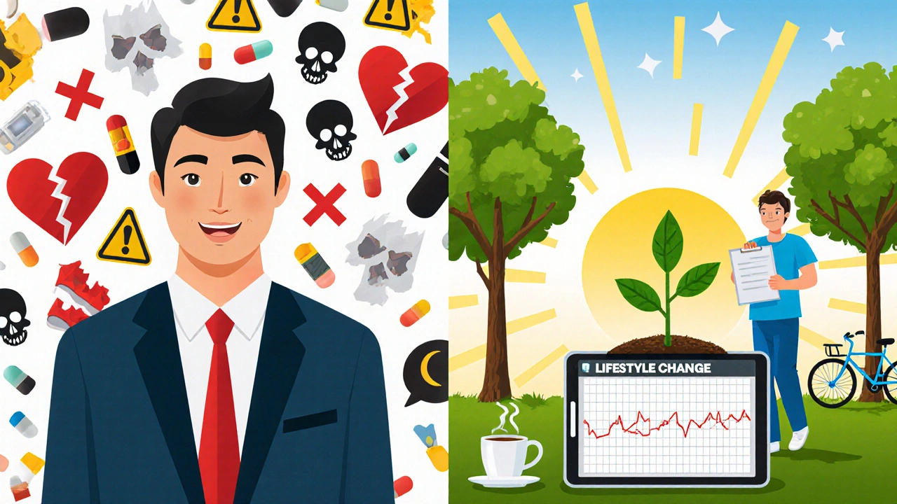 Linker Teil: Chaos aus gefälschten Pillen; rechter Teil: gesunder Mann mit Arzt und Pflanze, Symbol für Lebensstiländerung.