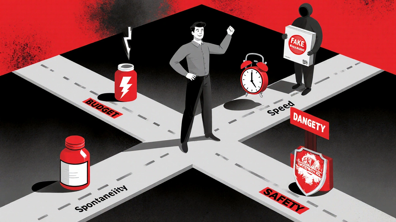 Mann an einer Kreuzung mit vier Wegen für Medikamentenwahl, Schatten mit gefälschtem Online-Produkt.