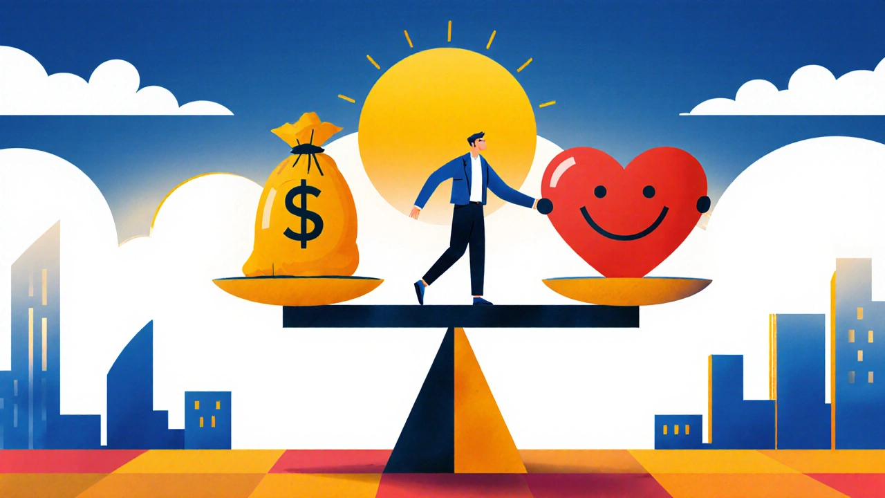 Mann auf einer Waage, Geld gegen Herz und Lächeln, symbolisiert Kosten‑Nutzen‑Abwägung.