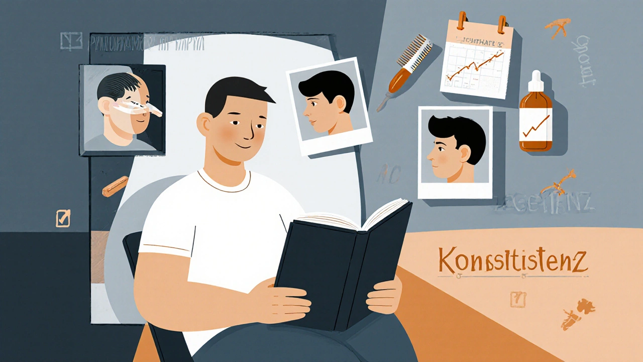 Mann betrachtet Fotos seines Haarwachstums, umgeben von Symbolen natürlicher Therapien ohne Medikamente.