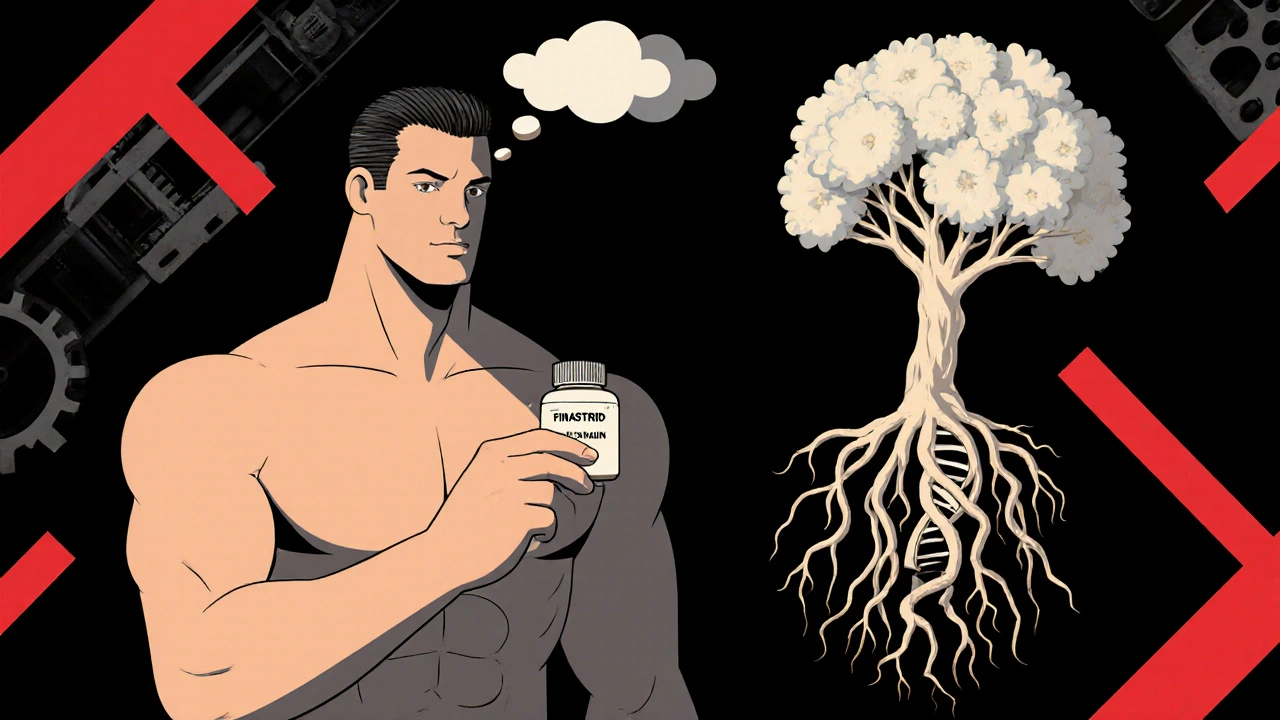 Mann mit Finasterid-Tablette, dunkler Schatten über seinem Selbstvertrauen, Haarfollikel wachsen als Baum aus DNA