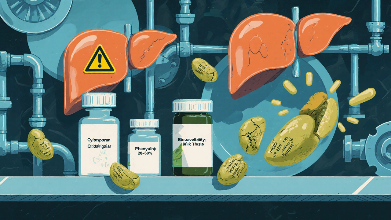 Medication bottles surrounded by fractured milk thistle seeds with labels on bioavailability and quality.