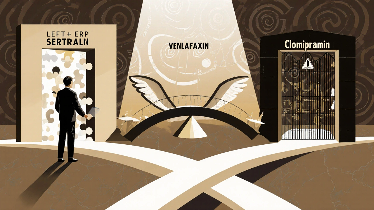 Mensch an einer Kreuzung mit drei Therapiewegen: Sertralin mit Therapie, Venlafaxin als Brücke und Clofranil als schwere Tür.