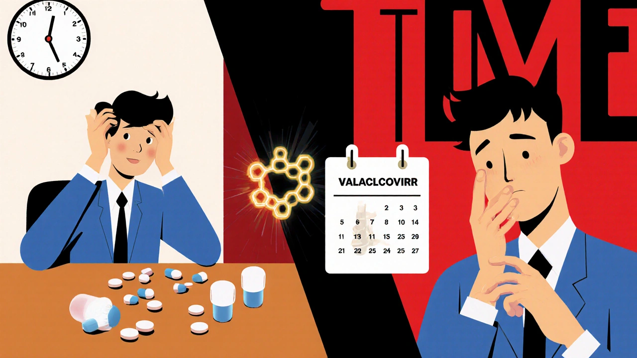 Mensch vergisst fünfmal tägliche Tabletten vs. zwei Tabletten mit Zeitersparnis