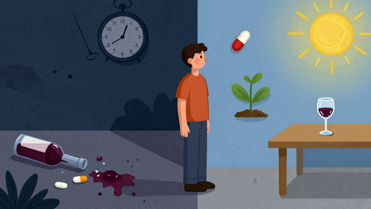 Mensch zwischen chaotischer Nacht und ruhigem Morgen, vergessene Tablette vs. pünktliche Einnahme.