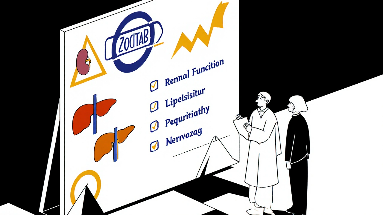 Onkologe und Patient prüfen Checkliste mit Symbolen für Tabletten, Niere, Leber und Neuropathie.