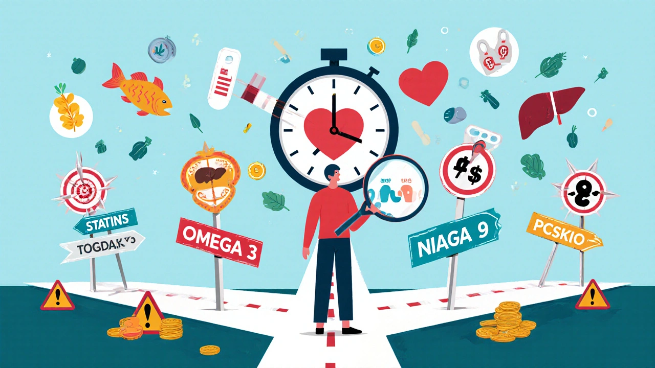 Patient an einer Kreuzung mit vier Therapiepfaden, umgeben von Symbole für Risiken und Lebensstil.